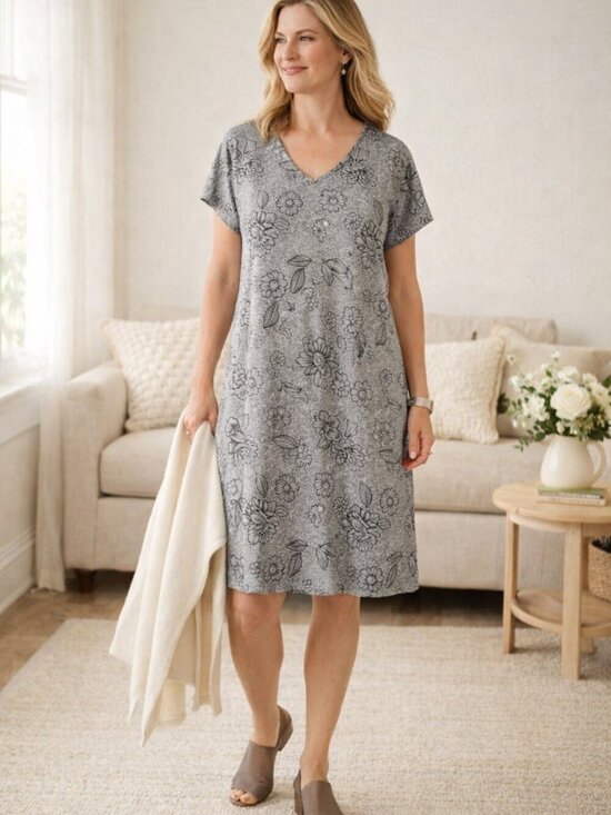J. Jill Dresses & Skirts - J. Jill Wearever Black Gray Floral Cap Sleeve Pleat V-Neck Dress Petite Medium